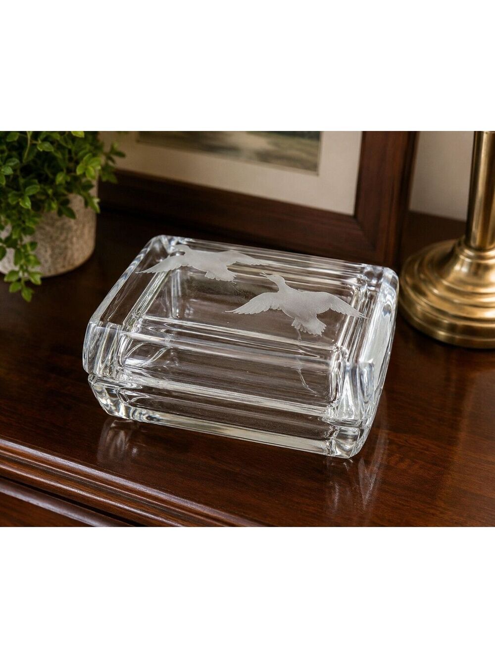 Vintage Covered Glass Cigarette Box Etched Flying Geese Trinket Jewelry Box